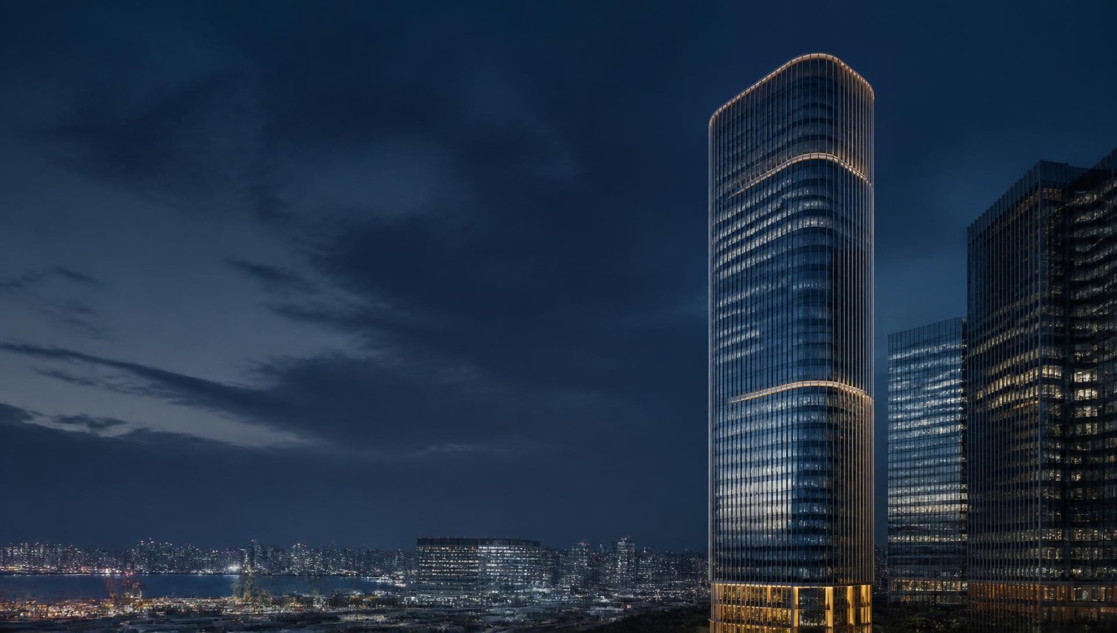 Modern commercial towers overlooking an international financial district at dusk