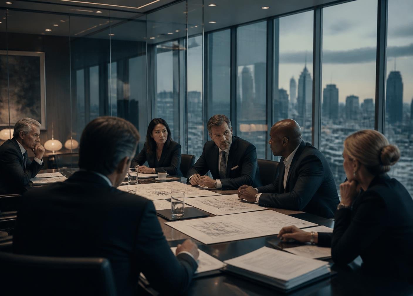 Executives discussing plans in a city boardroom
